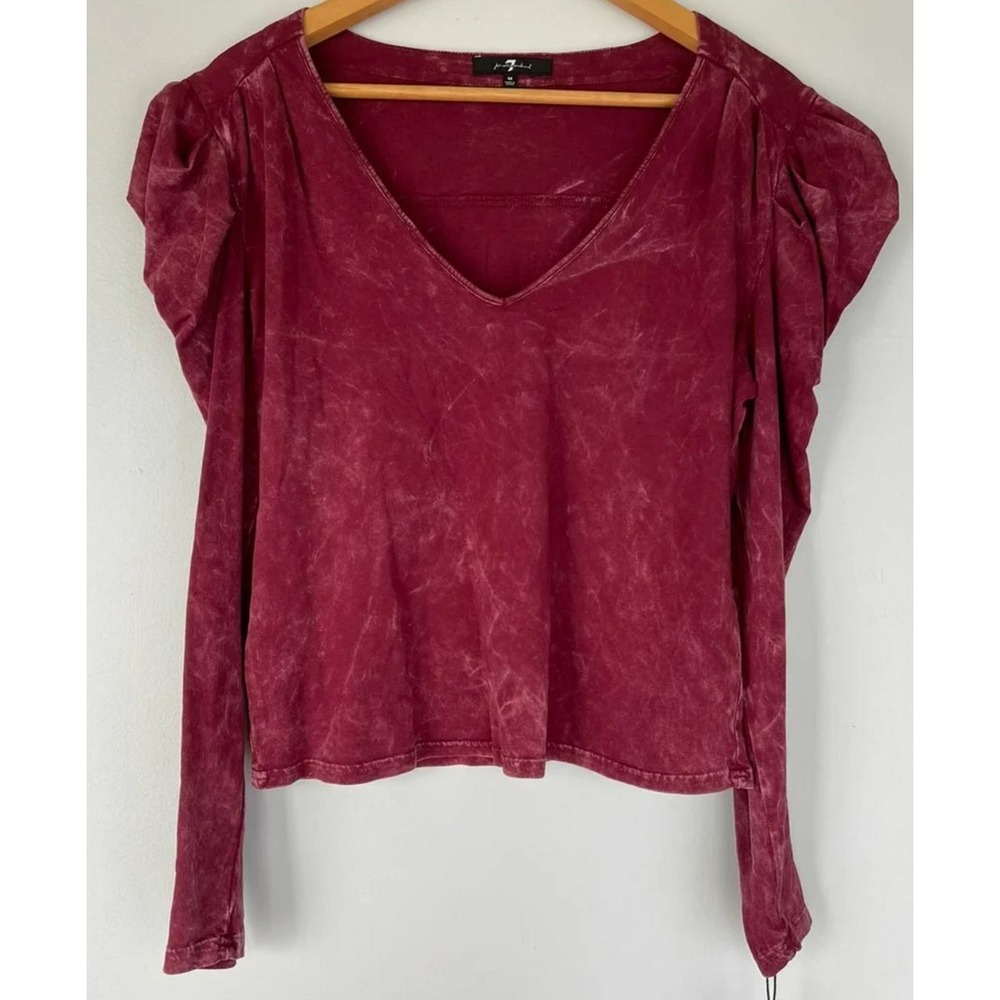7 For All Mankind Women Red Tie Dye Puff Sleeve V-Neck Cotton Top 70018 Size M